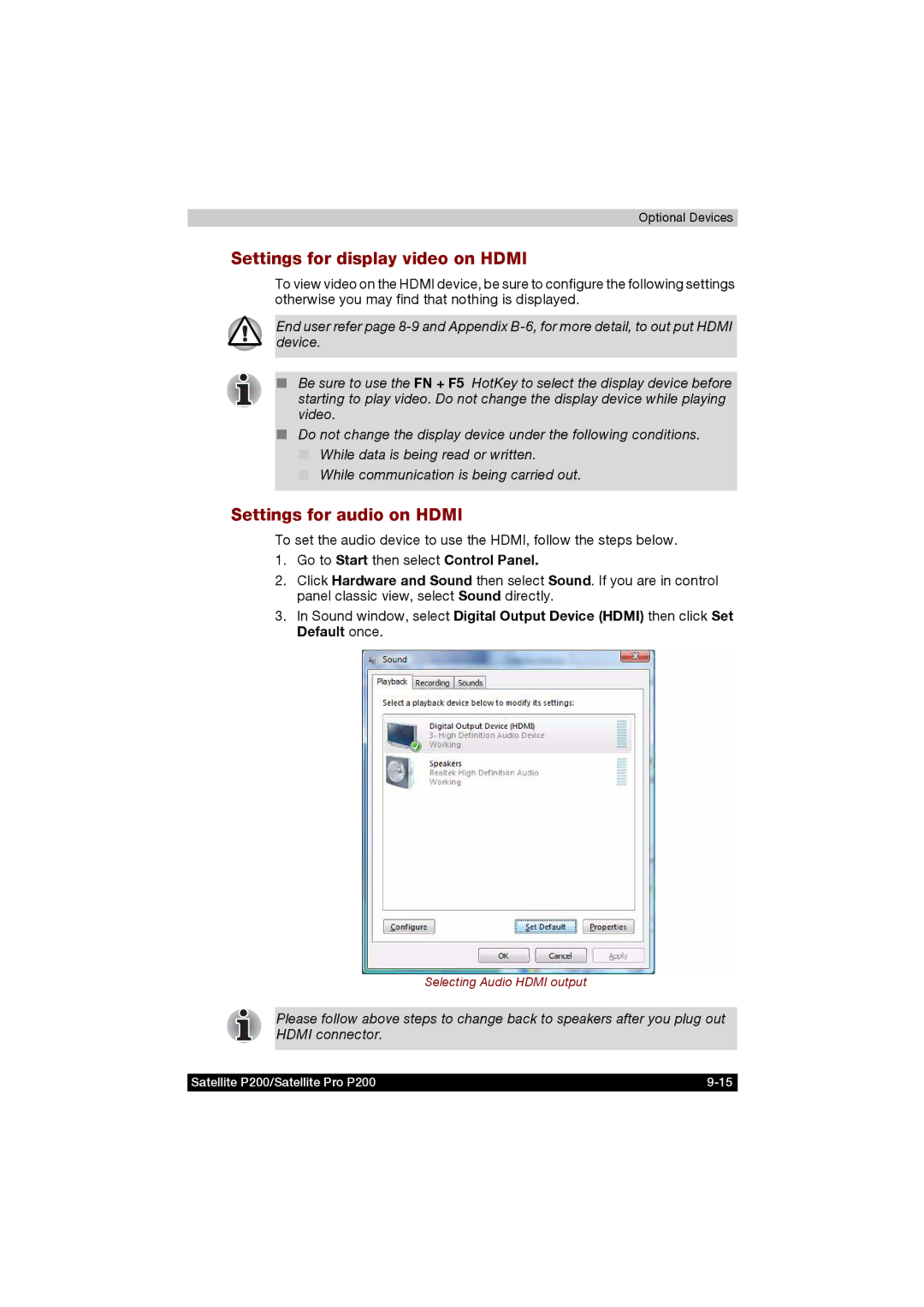 Toshiba P200 manual Settings for display video on Hdmi, Settings for audio on Hdmi, Go to Start then select Control Panel 