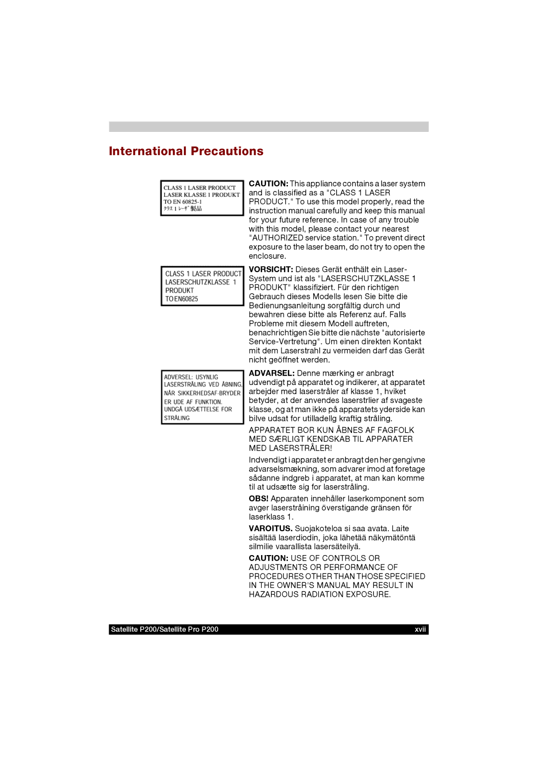 Toshiba P200 manual International Precautions 