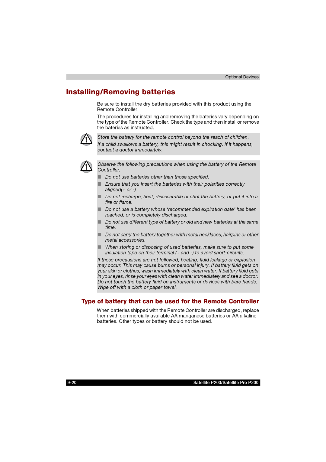 Toshiba P200 manual Installing/Removing batteries, Type of battery that can be used for the Remote Controller 