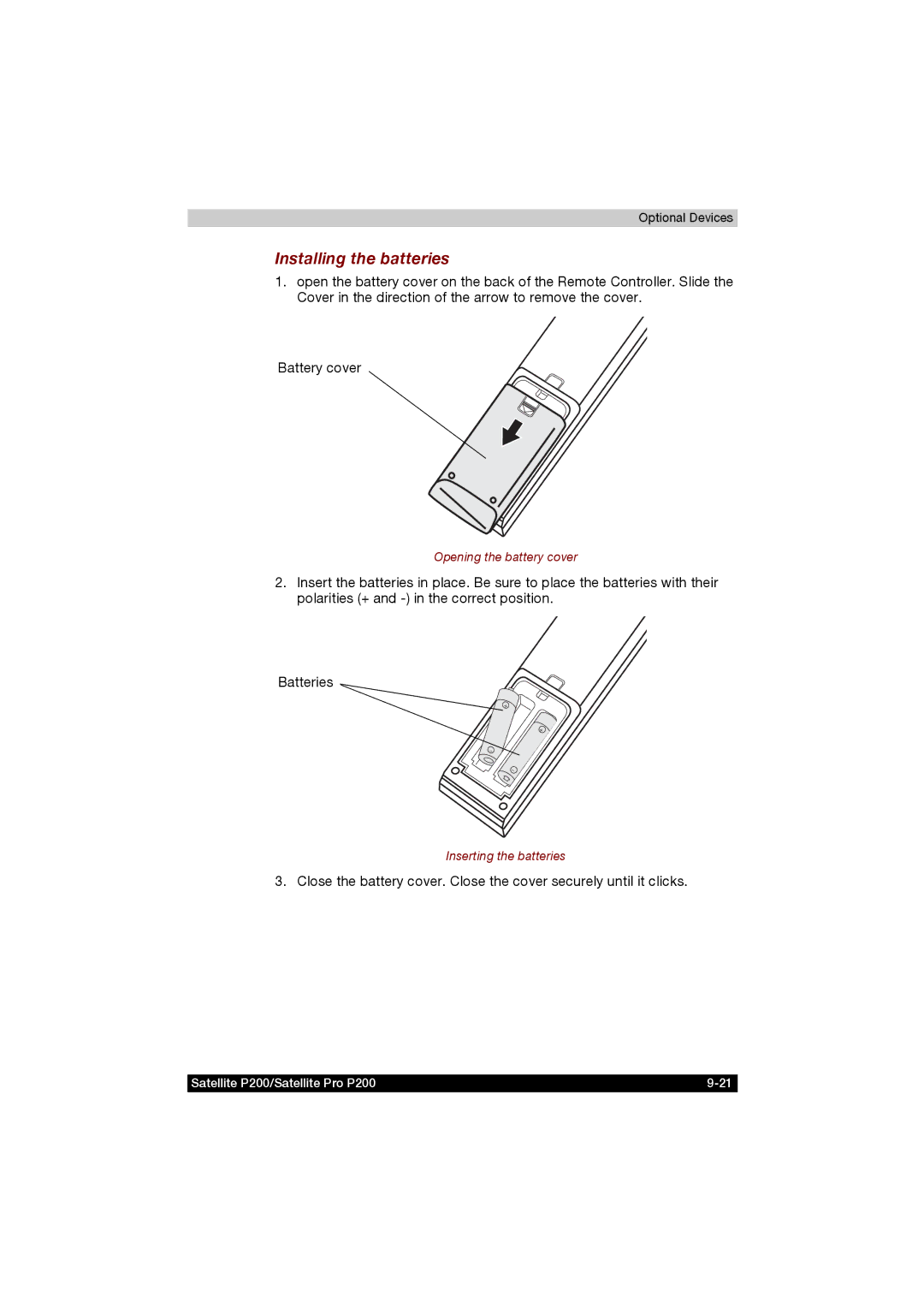 Toshiba P200 manual Installing the batteries 