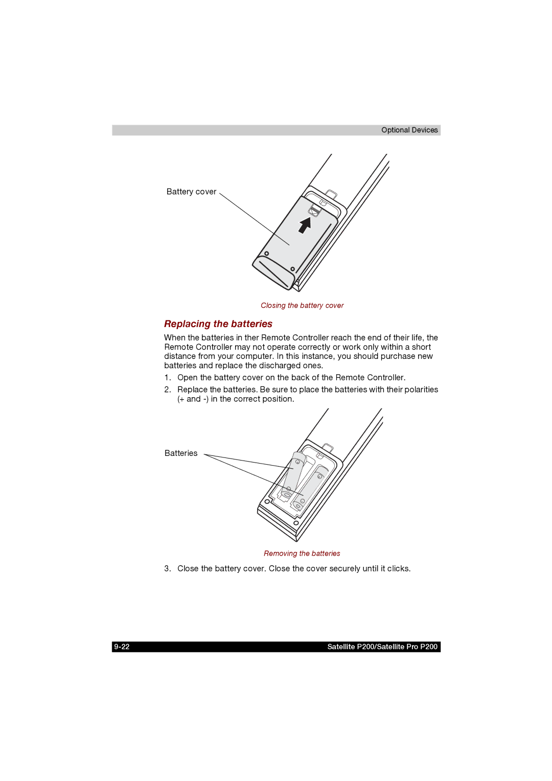 Toshiba P200 manual Replacing the batteries 