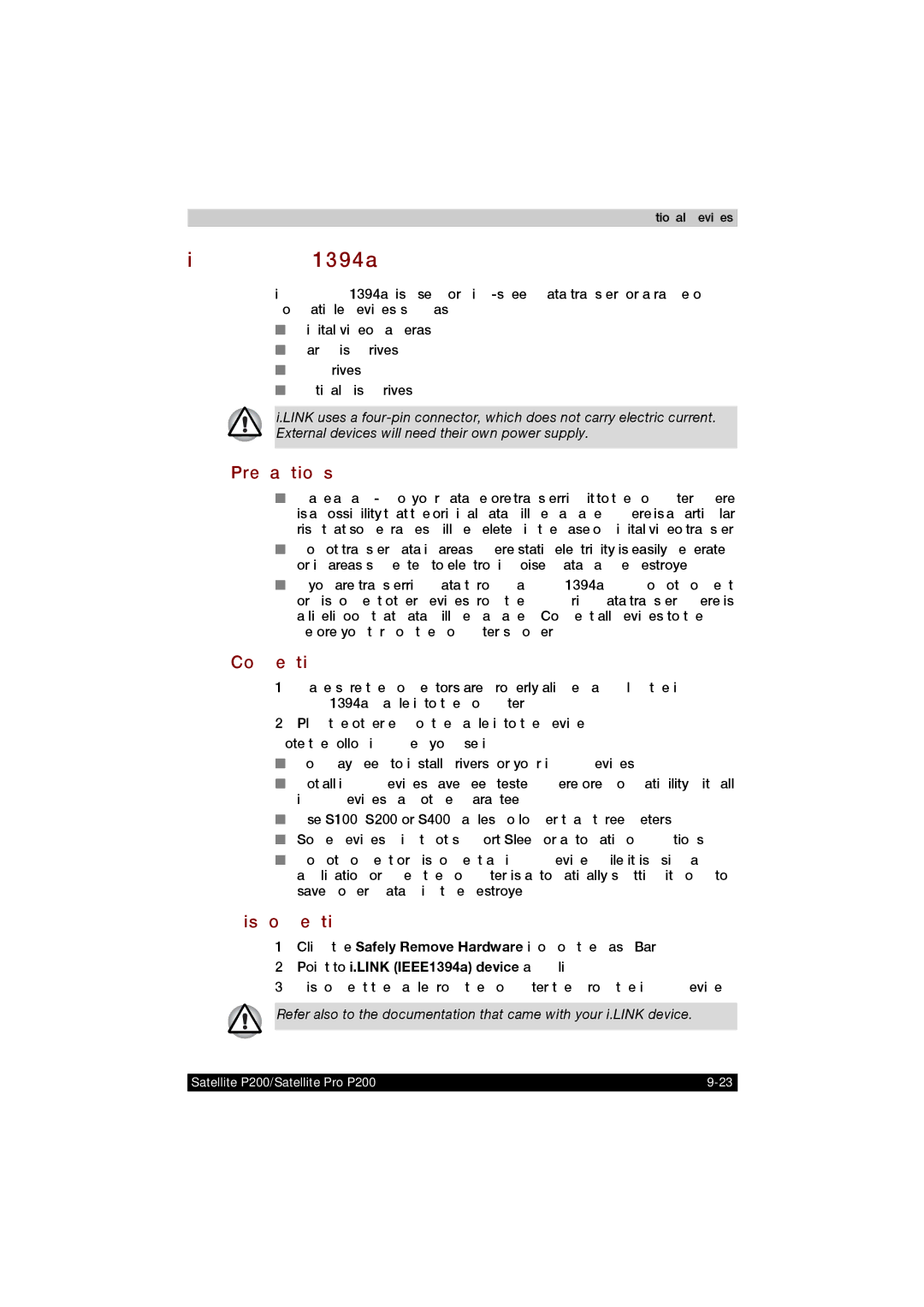 Toshiba P200 manual Link IEEE1394a, Precautions, Click the Safely Remove Hardware icon on the Task Bar 