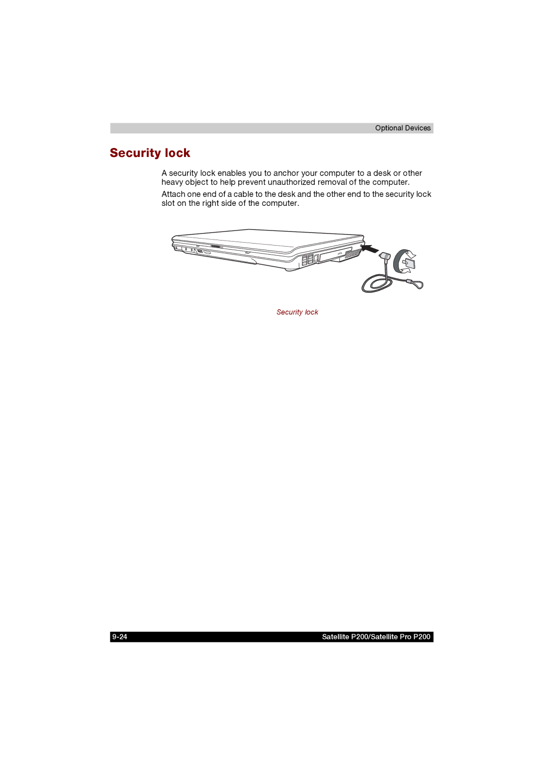 Toshiba P200 manual Security lock 