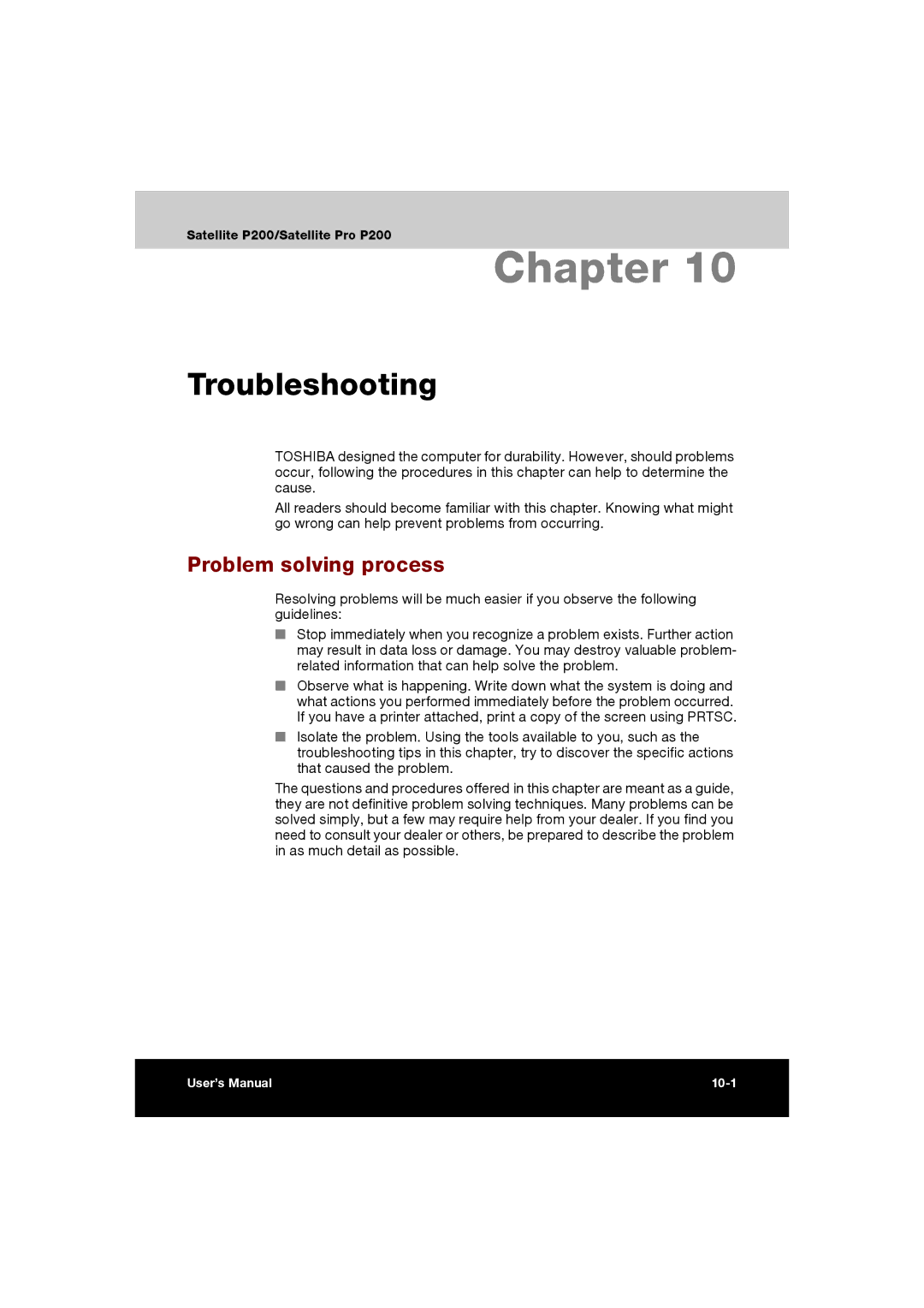 Toshiba P200 manual Troubleshooting, Problem solving process 