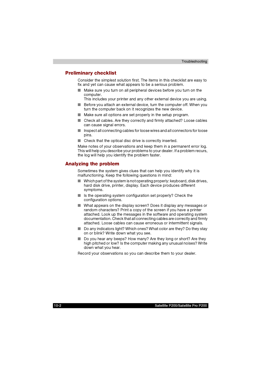 Toshiba P200 manual Preliminary checklist, Analyzing the problem 