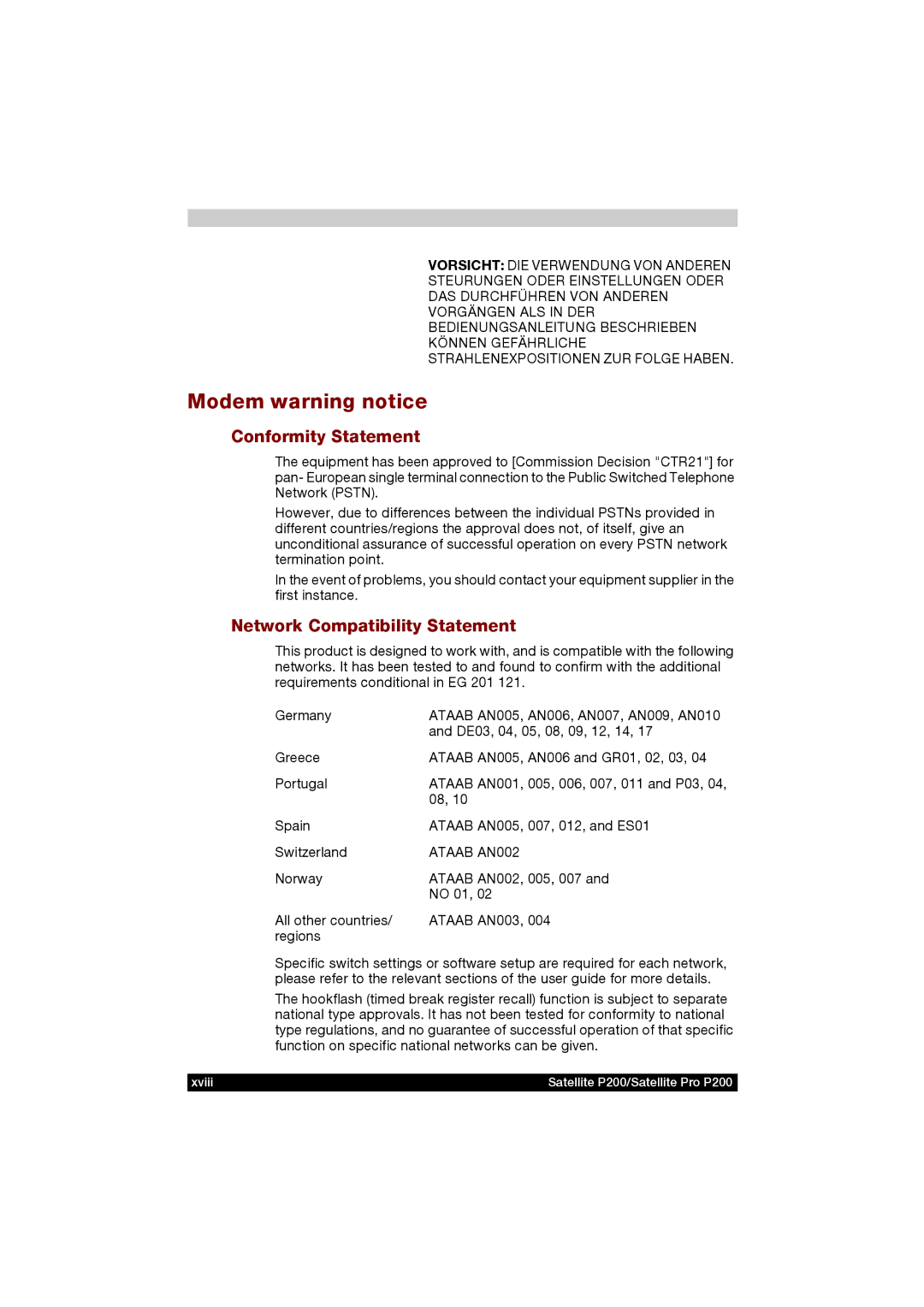 Toshiba P200 manual Modem warning notice, Conformity Statement, Network Compatibility Statement 