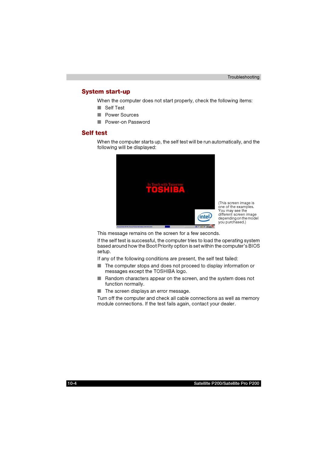 Toshiba P200 manual System start-up, Self test 