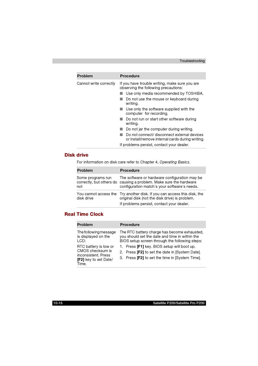 Toshiba P200 manual Disk drive, Real Time Clock, For information on disk care refer to , Operating Basics 