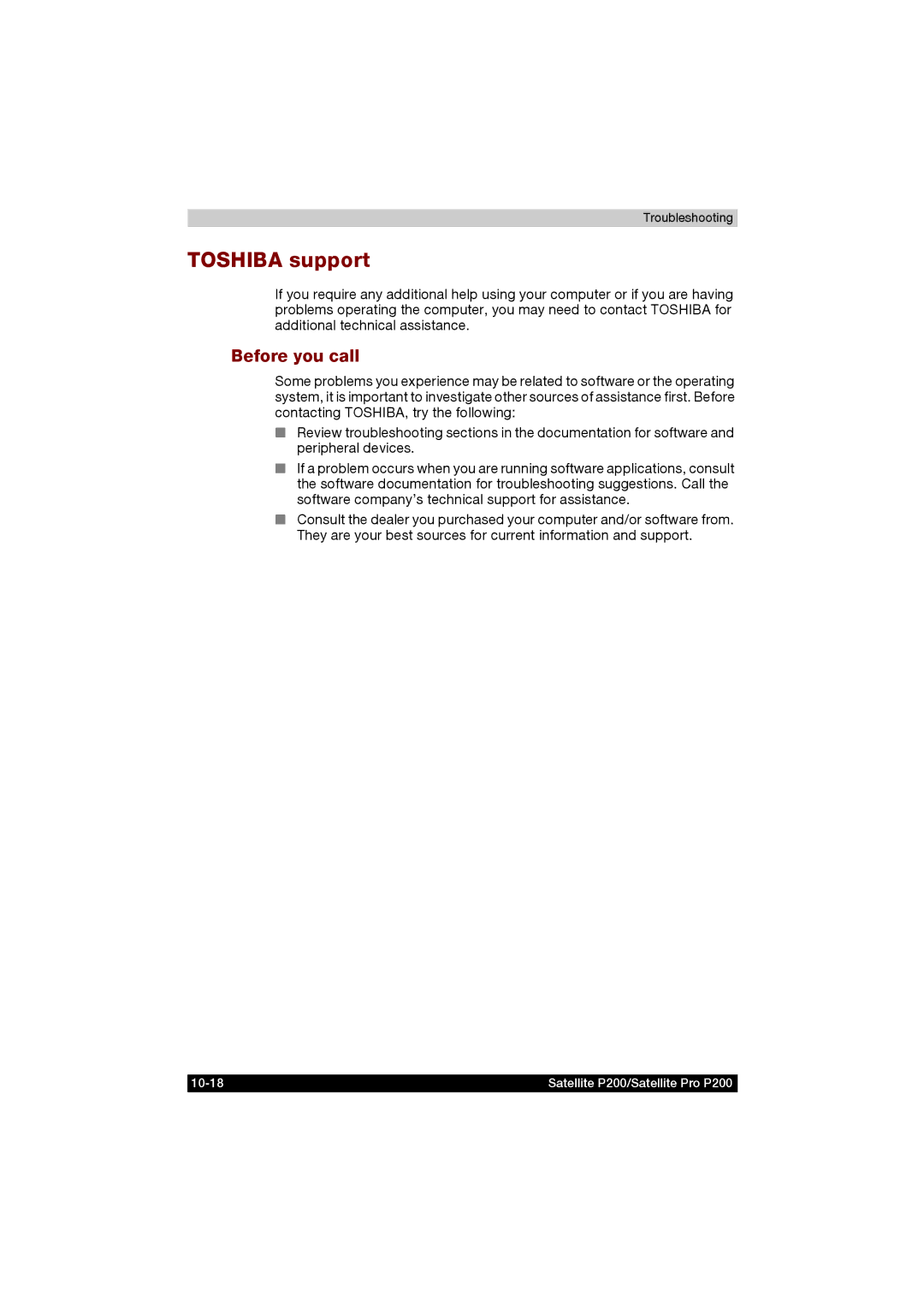 Toshiba P200 manual Toshiba support, Before you call 