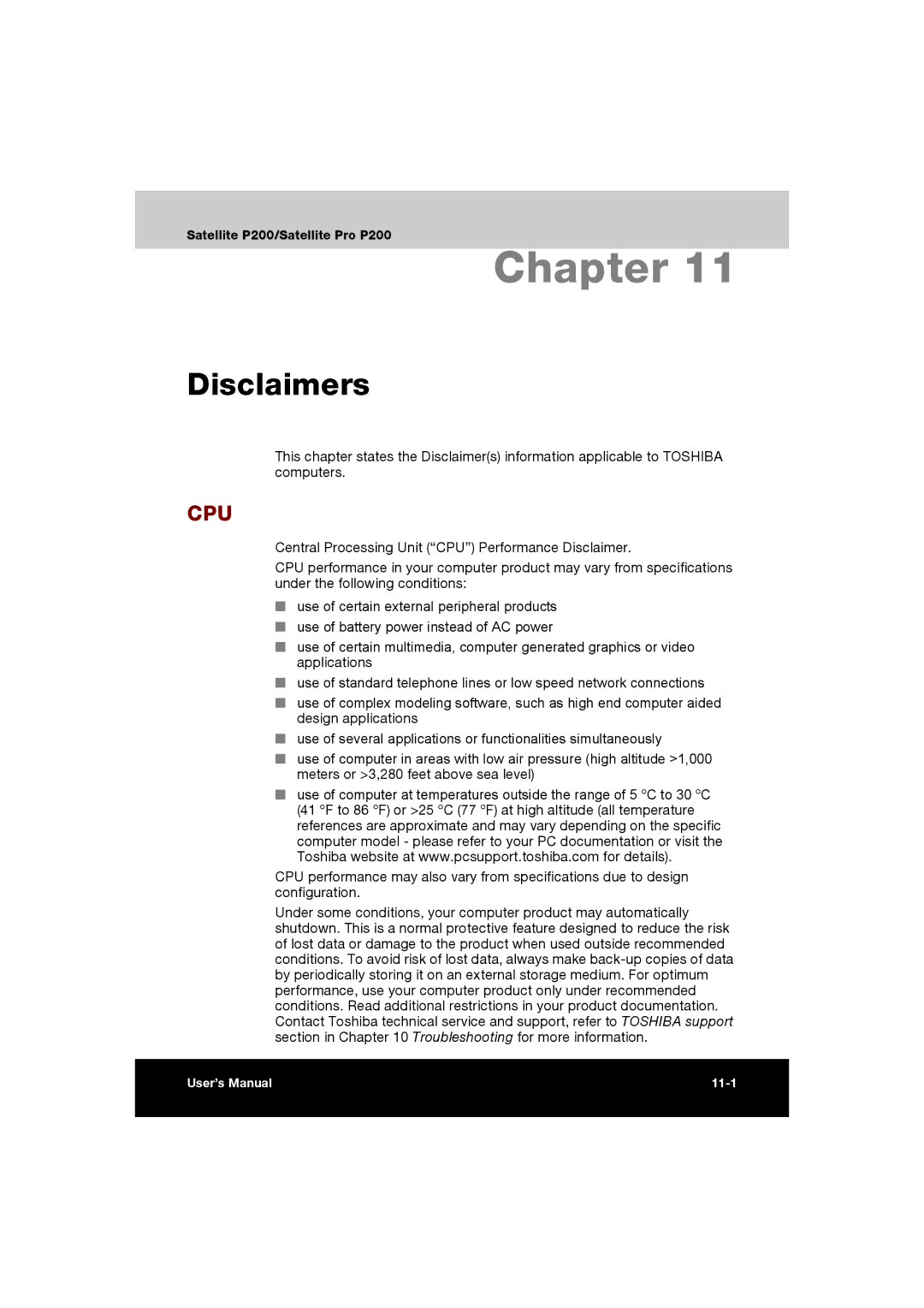 Toshiba P200 manual Disclaimers, Cpu 