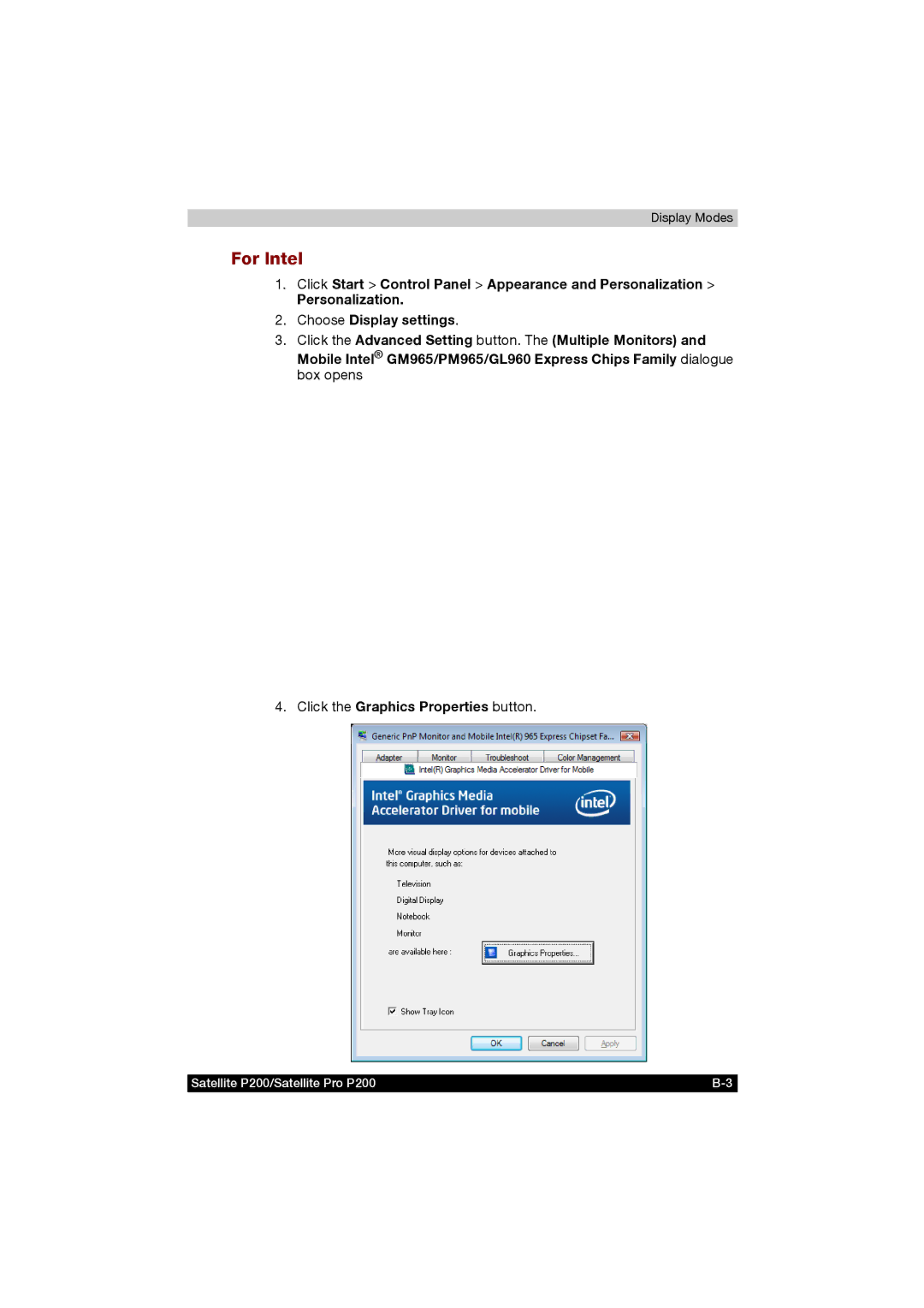 Toshiba P200 manual Display Modes 