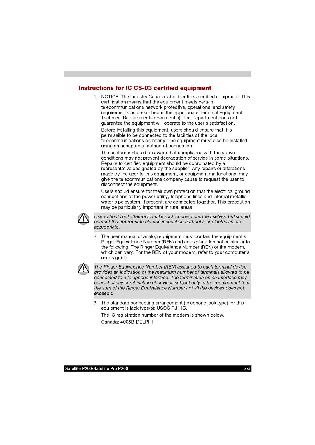 Toshiba P200 manual Instructions for IC CS-03 certified equipment 