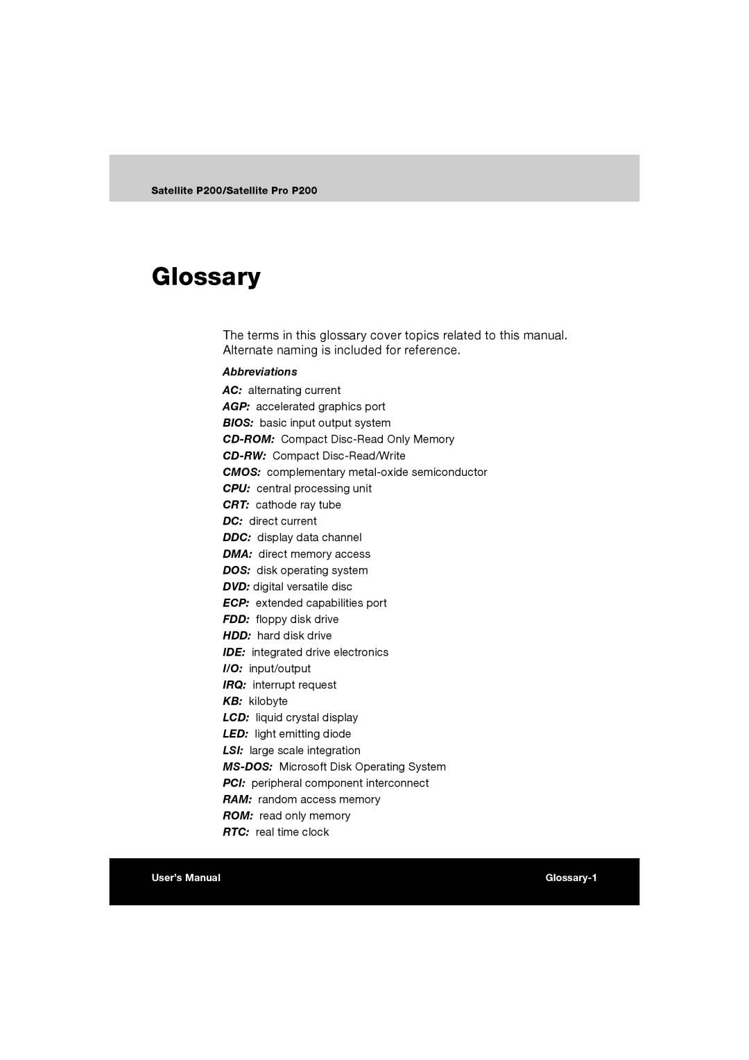 Toshiba P200 manual Glossary, Abbreviations 