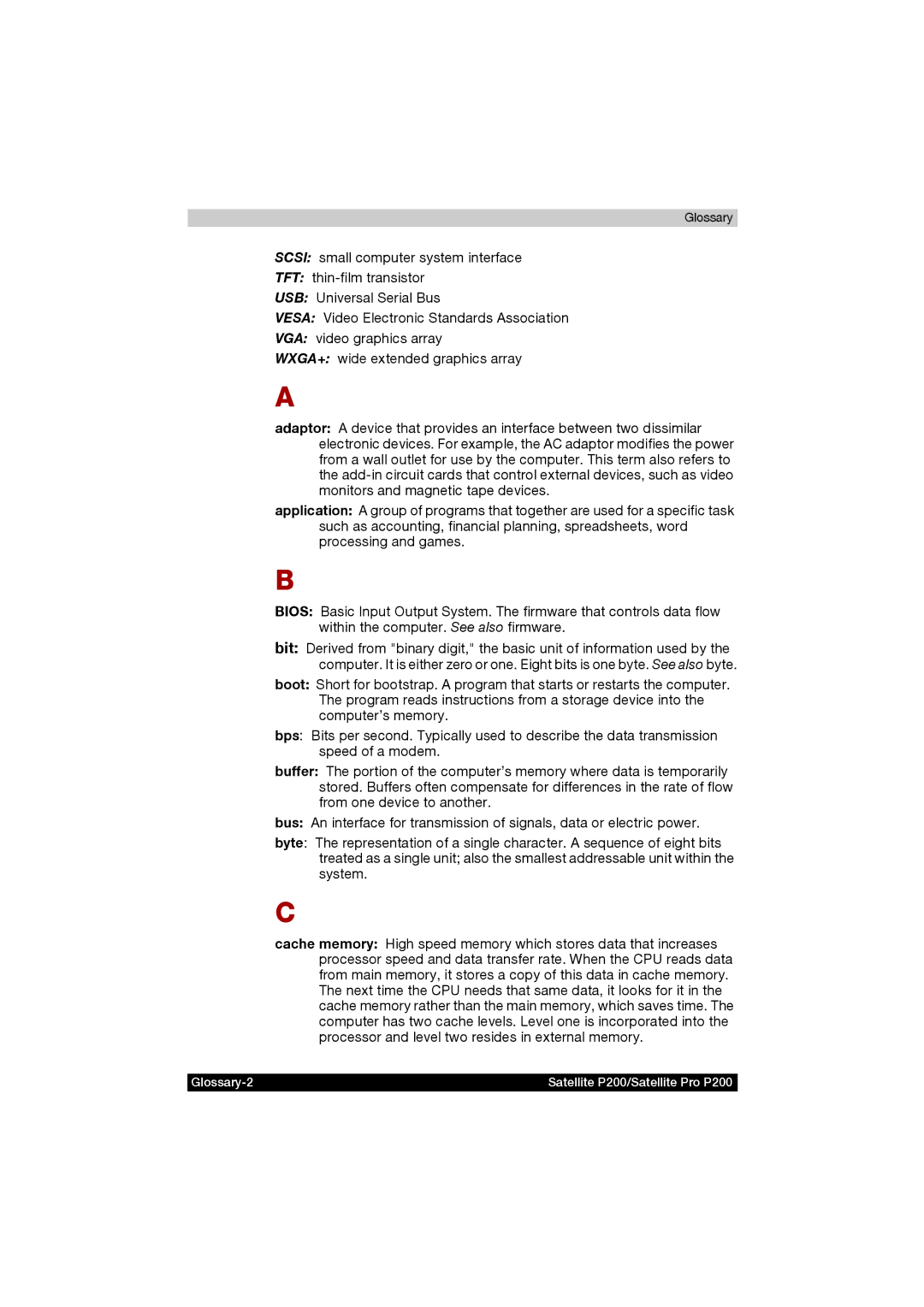 Toshiba manual Glossary-2 Satellite P200/Satellite Pro P200 