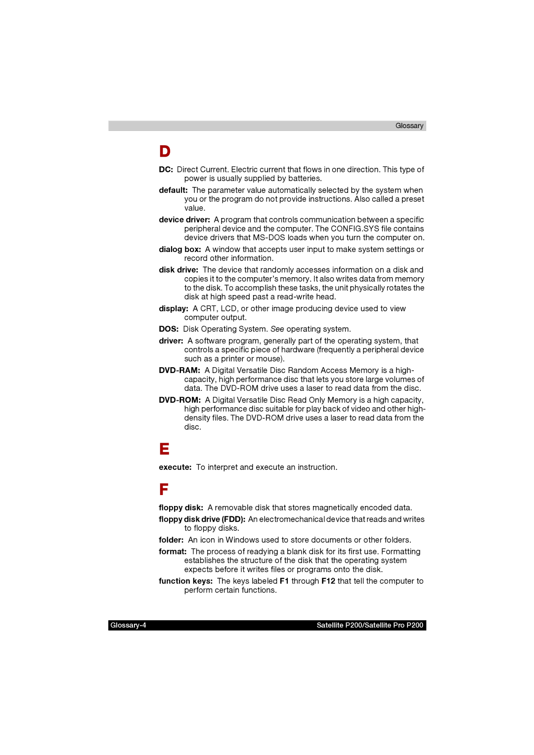 Toshiba manual Glossary-4 Satellite P200/Satellite Pro P200 