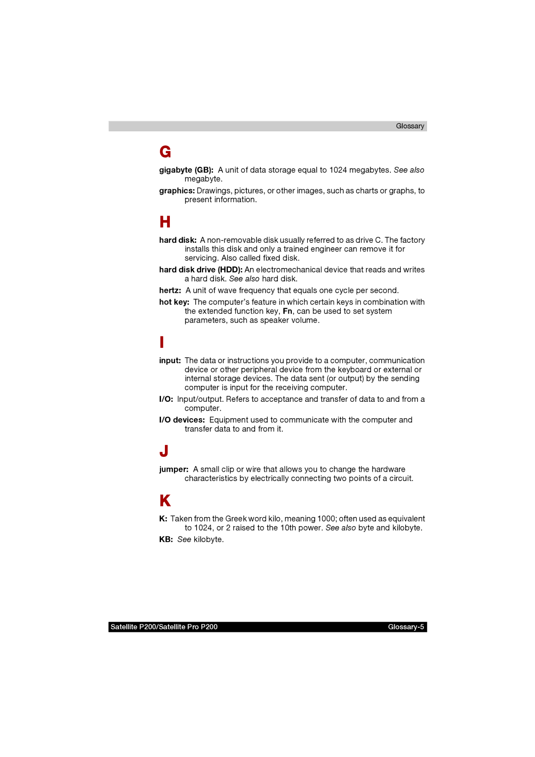 Toshiba P200 manual KB See kilobyte 