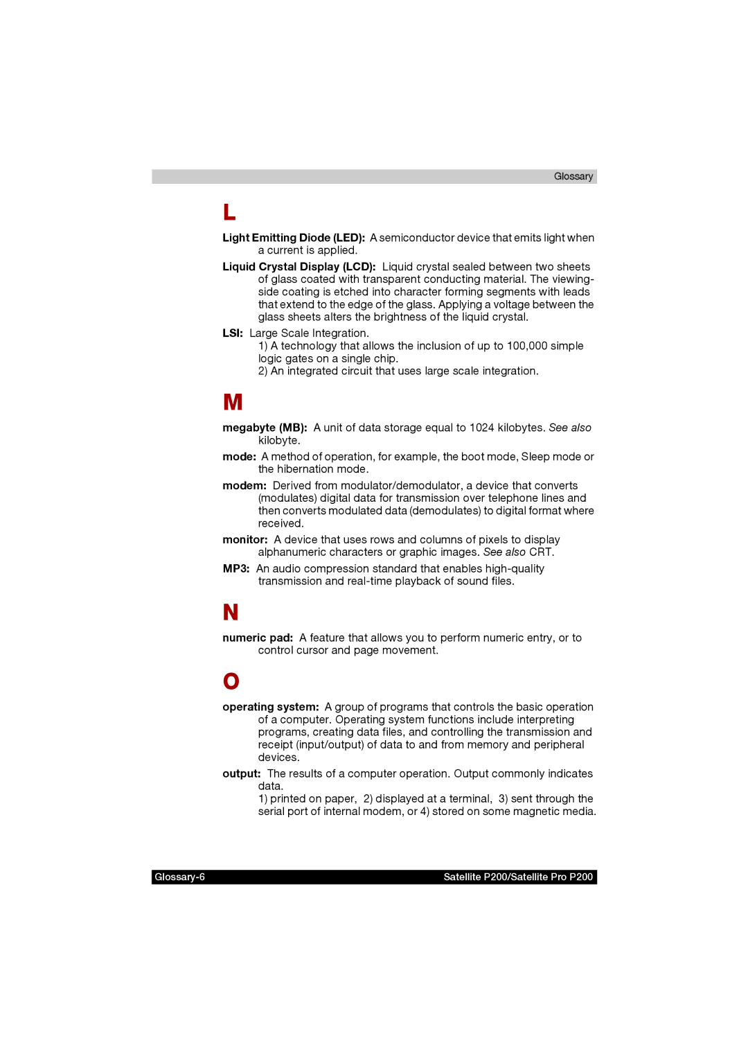 Toshiba manual Glossary-6 Satellite P200/Satellite Pro P200 