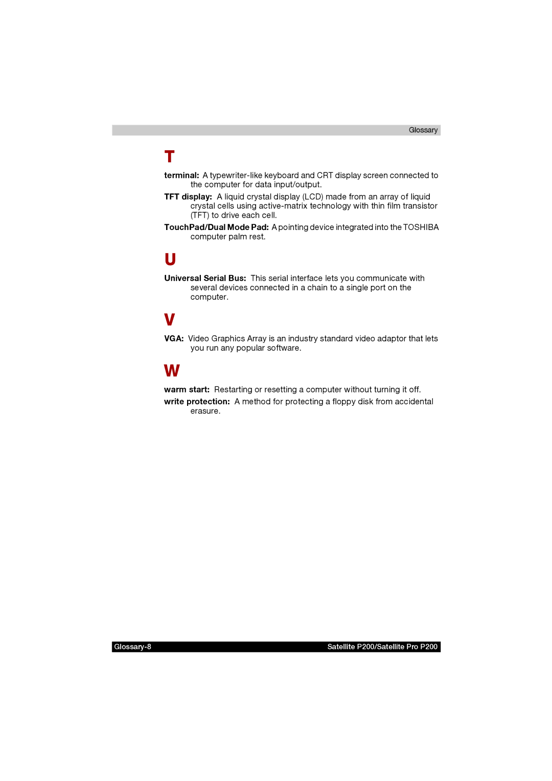 Toshiba manual Glossary-8 Satellite P200/Satellite Pro P200 