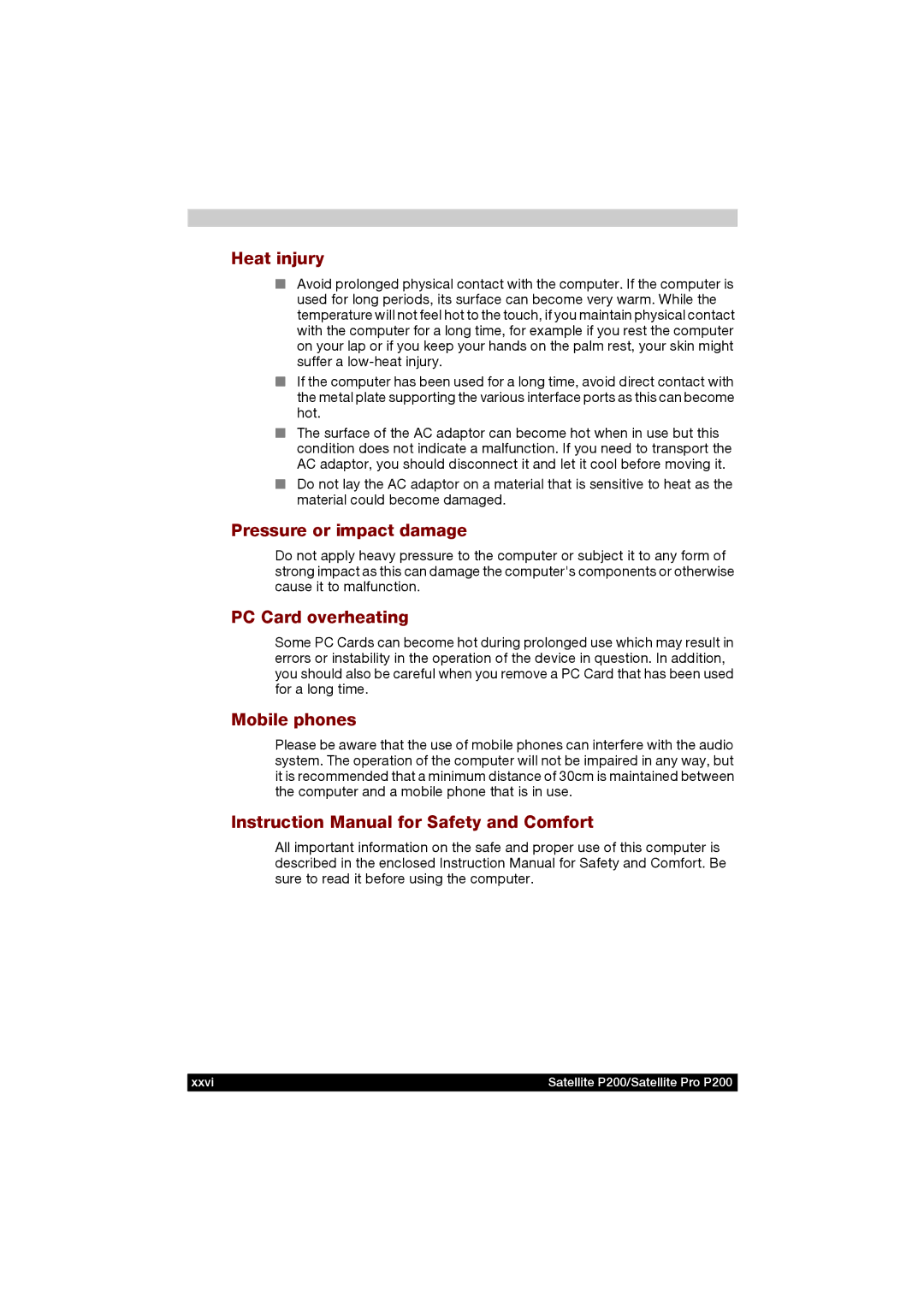 Toshiba P200 manual Heat injury, Pressure or impact damage, PC Card overheating, Mobile phones 