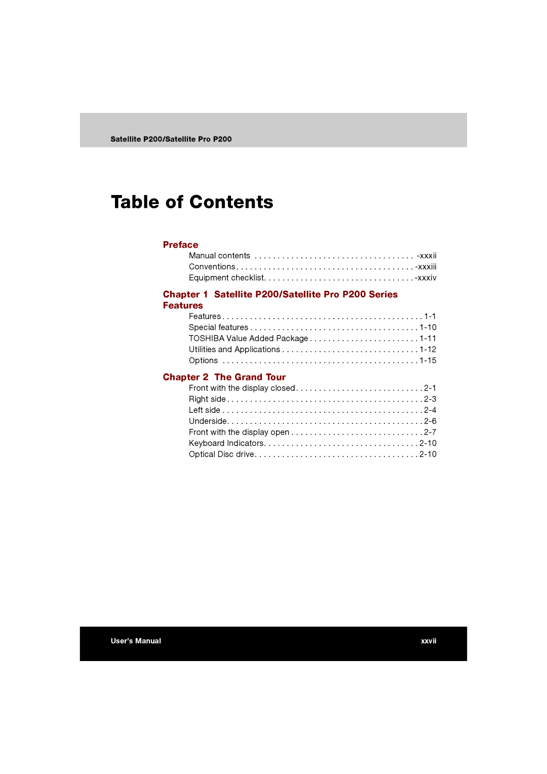 Toshiba P200 manual Table of Contents 