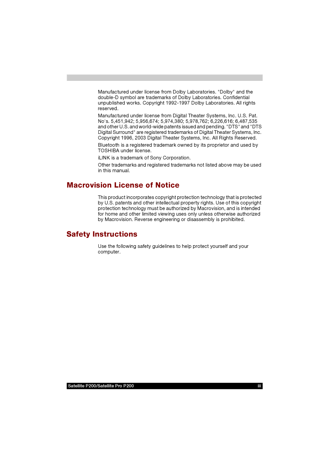 Toshiba P200 manual Macrovision License of Notice, Safety Instructions 