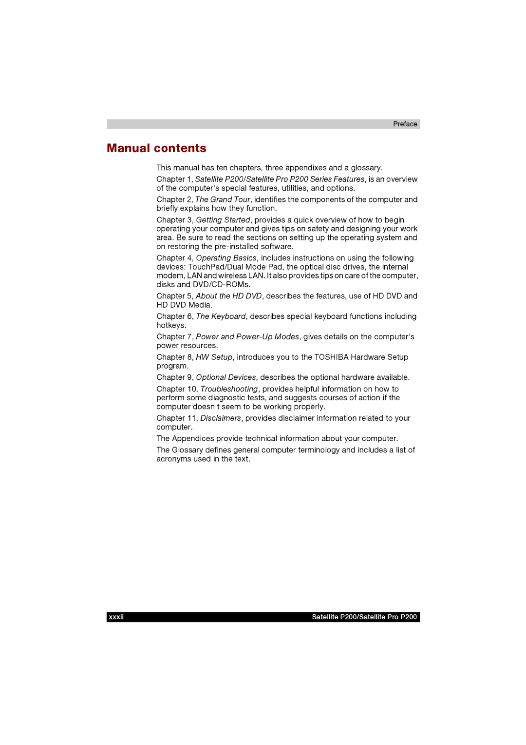 Toshiba P200 manual Manual contents 