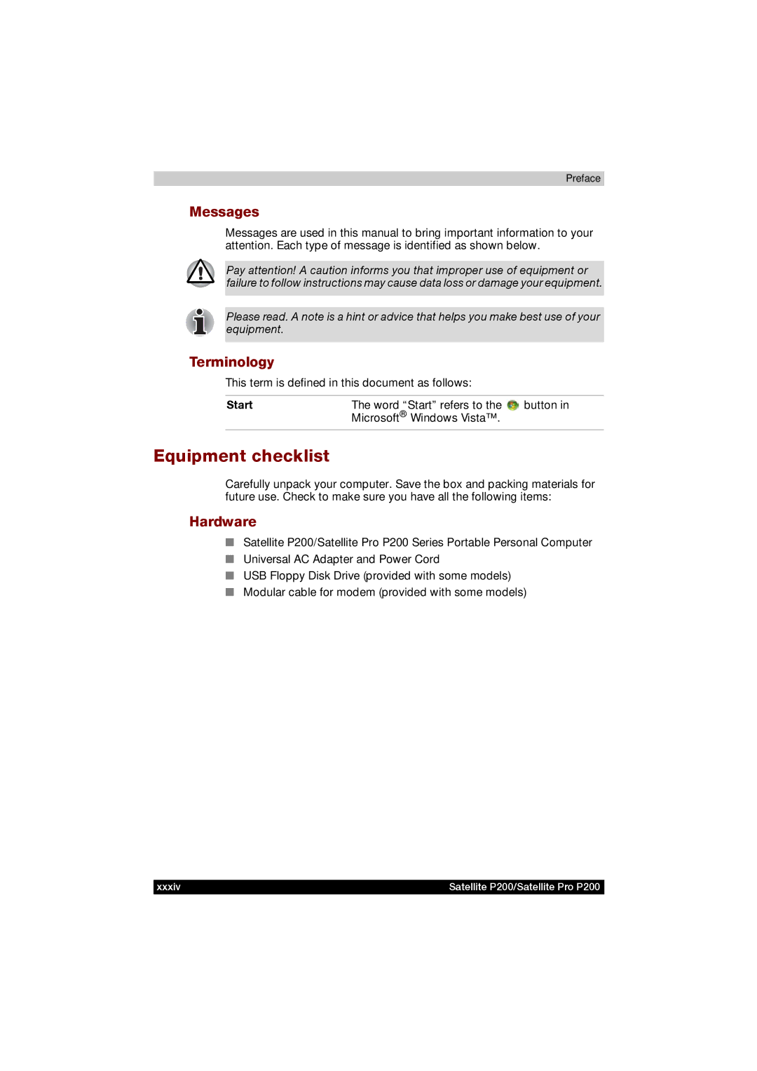 Toshiba P200 manual Equipment checklist, Messages, Terminology, Hardware, Start 