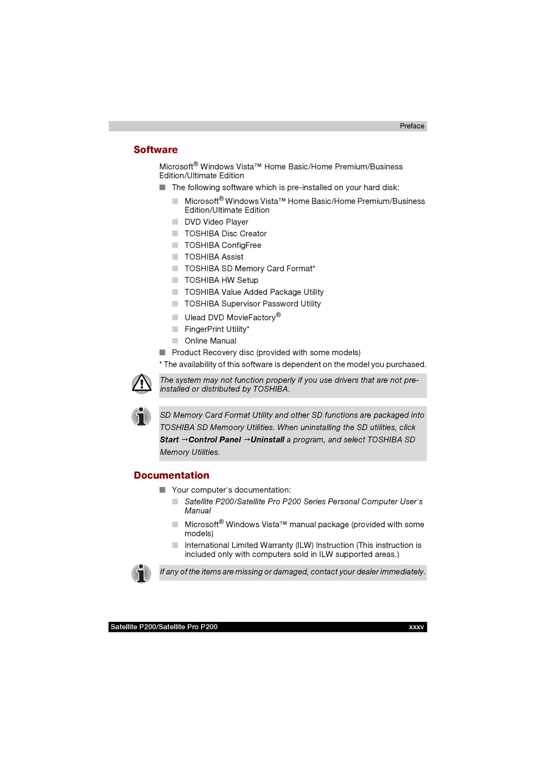 Toshiba P200 manual Software, Documentation 
