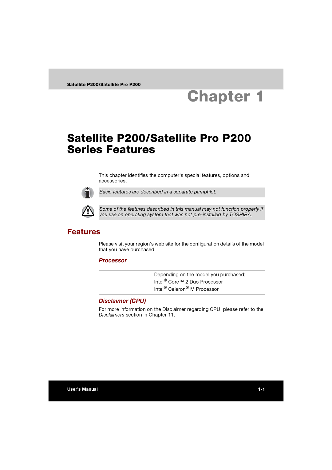 Toshiba manual Satellite P200/Satellite Pro P200 Series Features, Processor, Disclaimer CPU 