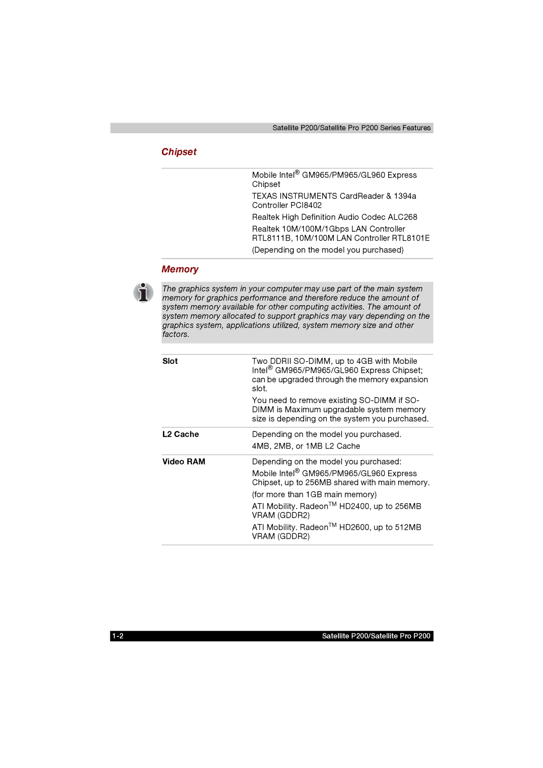 Toshiba P200 manual Chipset, Memory, Slot, L2 Cache, Video RAM 