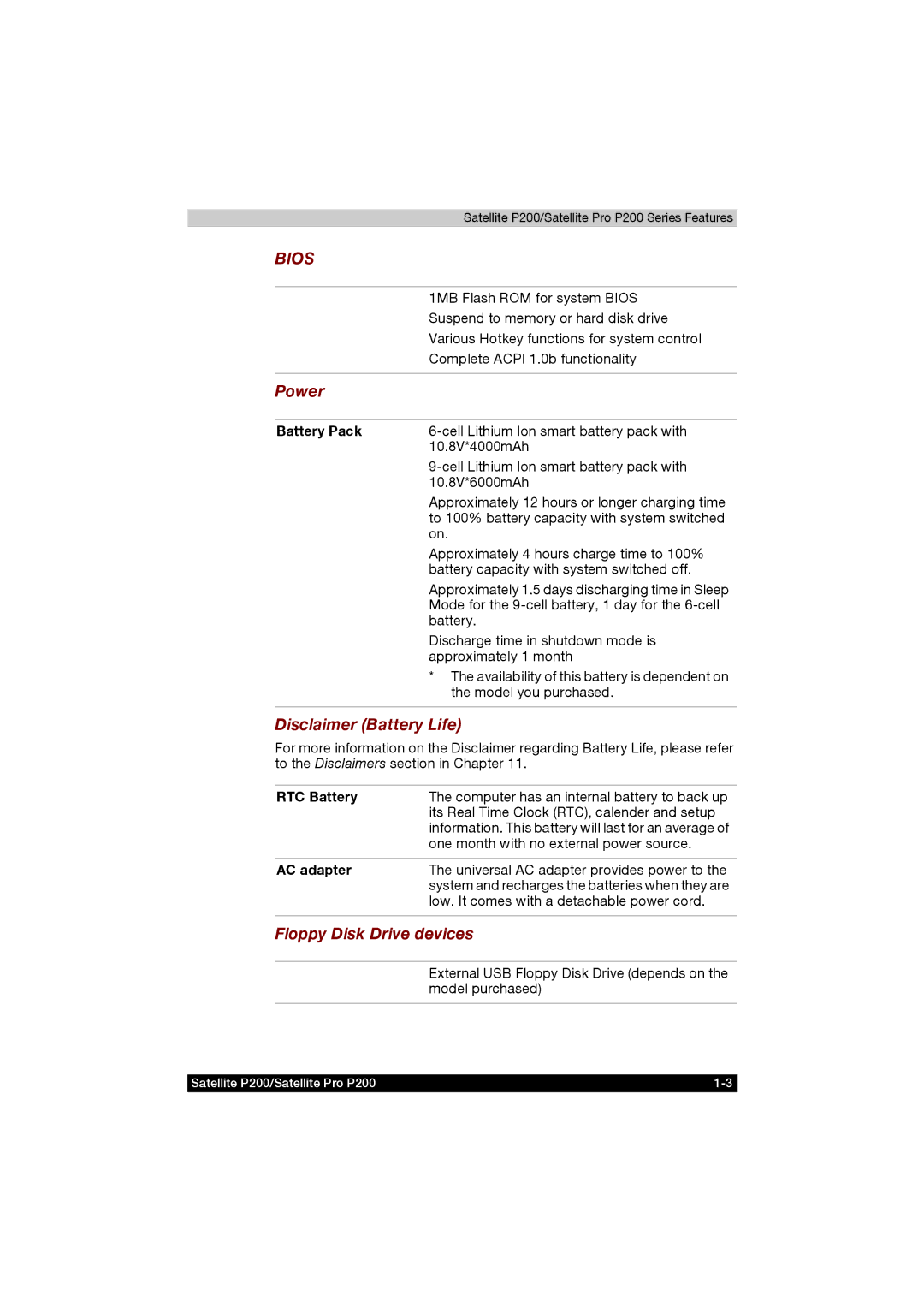 Toshiba P200 manual Power, Disclaimer Battery Life, Floppy Disk Drive devices 