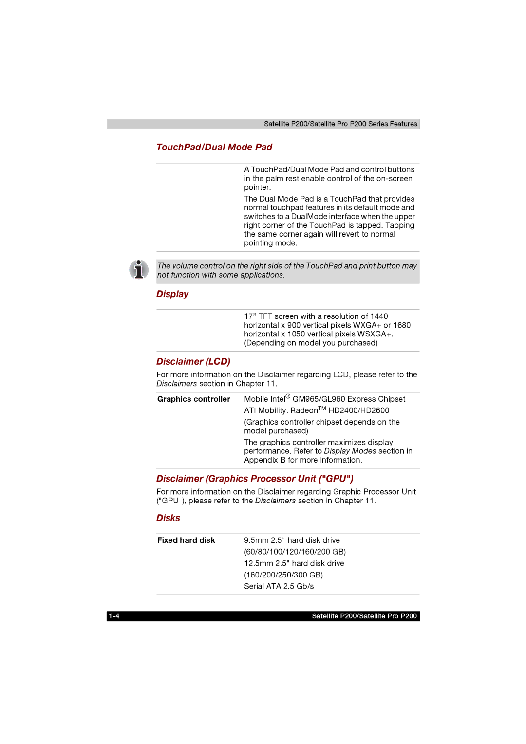 Toshiba P200 manual TouchPad/Dual Mode Pad, Display, Disclaimer LCD, Disclaimer Graphics Processor Unit GPU, Disks 