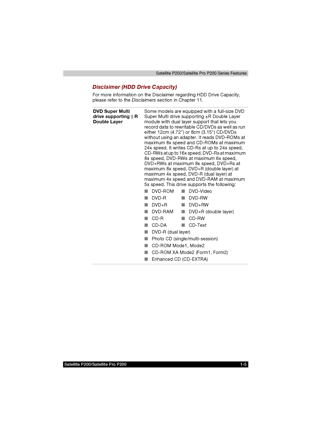 Toshiba P200 Disclaimer HDD Drive Capacity, DVD Super Multi drive supporting ± R Double Layer, DVD-RAM DVD+R double layer 