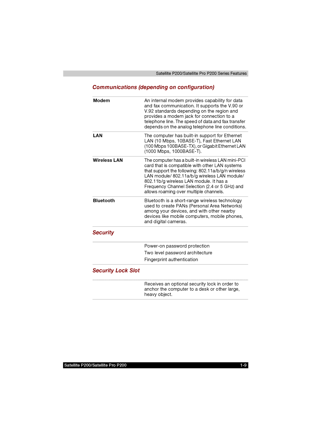 Toshiba P200 manual Communications depending on configuration, Security Lock Slot 