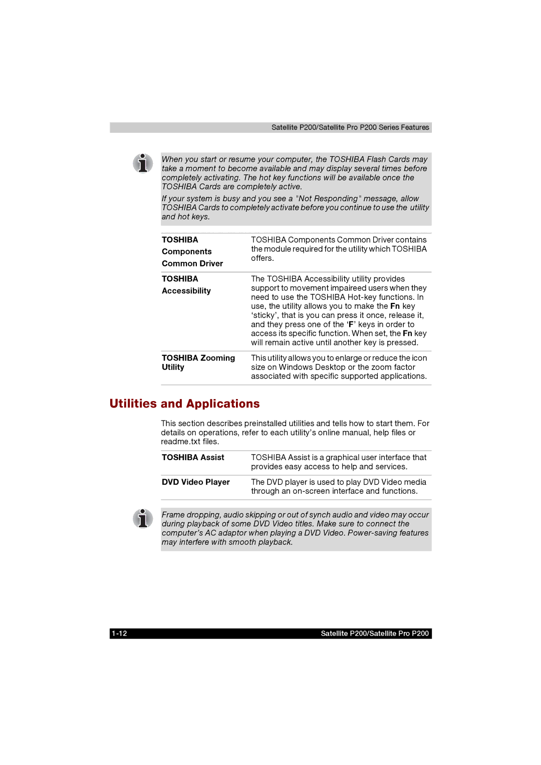 Toshiba P200 manual Components, Common Driver, Accessibility, Toshiba Zooming, Utility, Toshiba Assist, DVD Video Player 