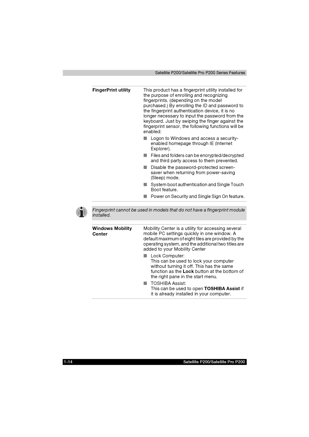 Toshiba P200 manual Windows Mobility Center 