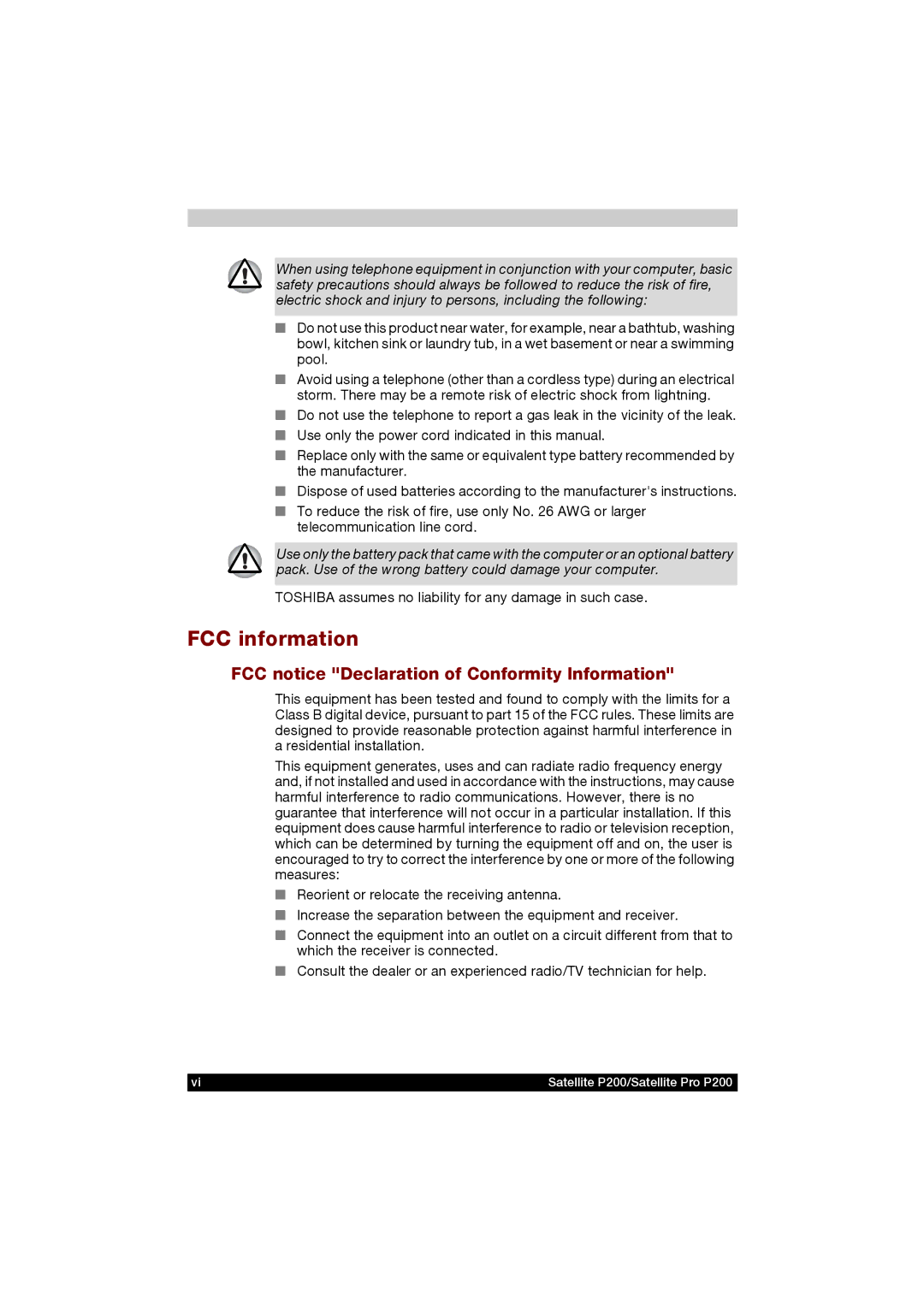 Toshiba P200 manual FCC information, FCC notice Declaration of Conformity Information 