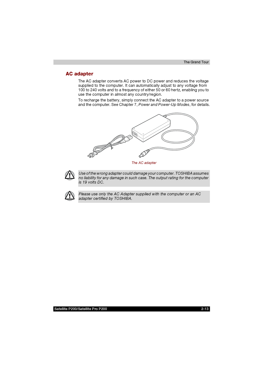 Toshiba P200 manual AC adapter 