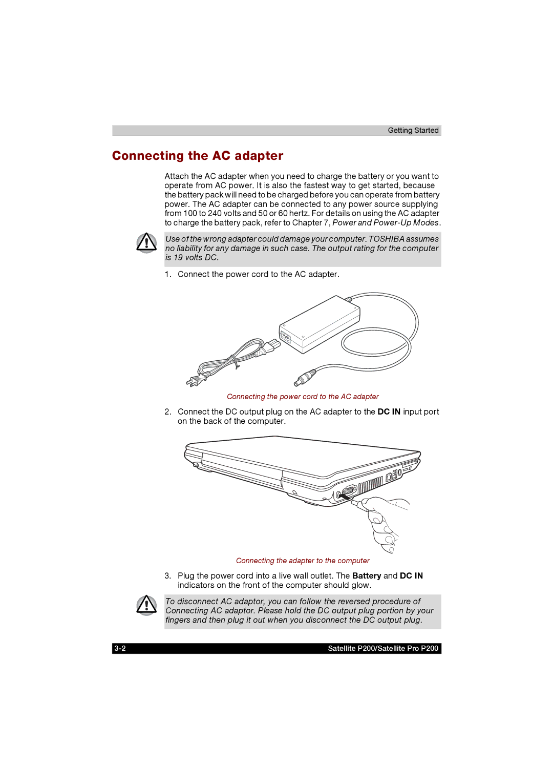 Toshiba P200 manual Connecting the AC adapter, Connect the power cord to the AC adapter 