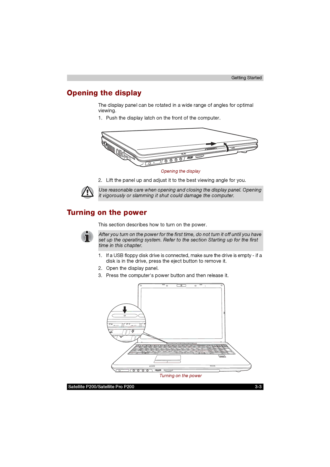 Toshiba P200 manual Opening the display, Turning on the power, This section describes how to turn on the power 