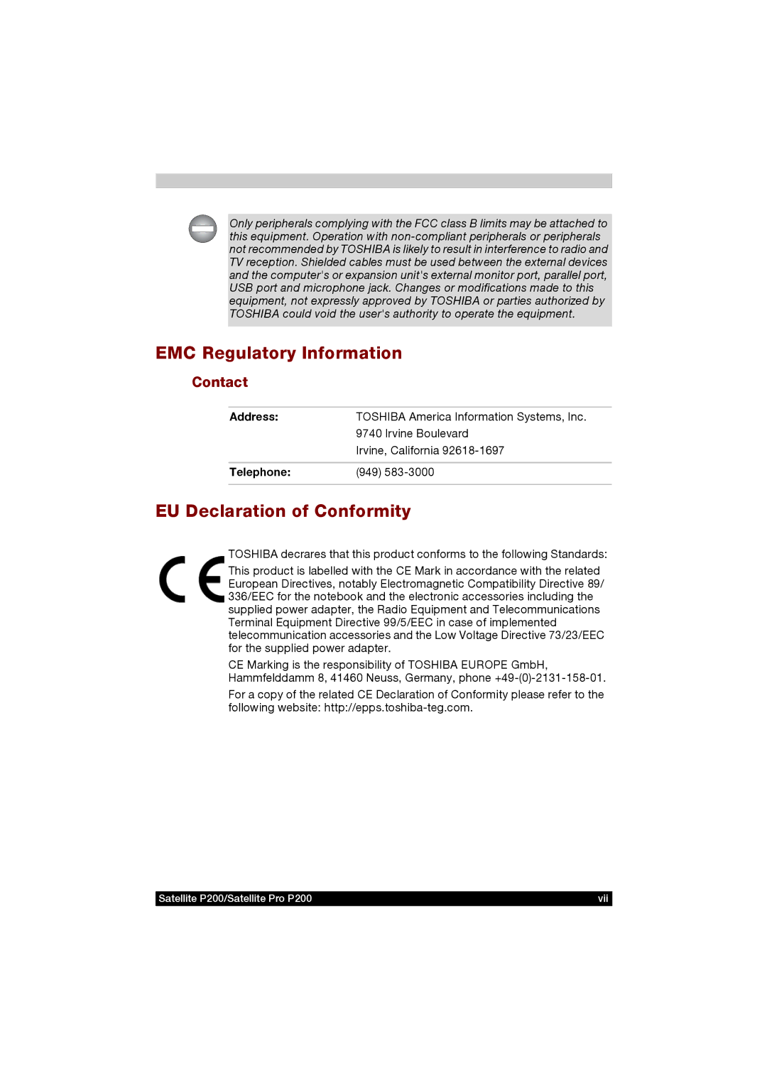 Toshiba P200 manual EMC Regulatory Information, EU Declaration of Conformity, Contact, Telephone, 949 