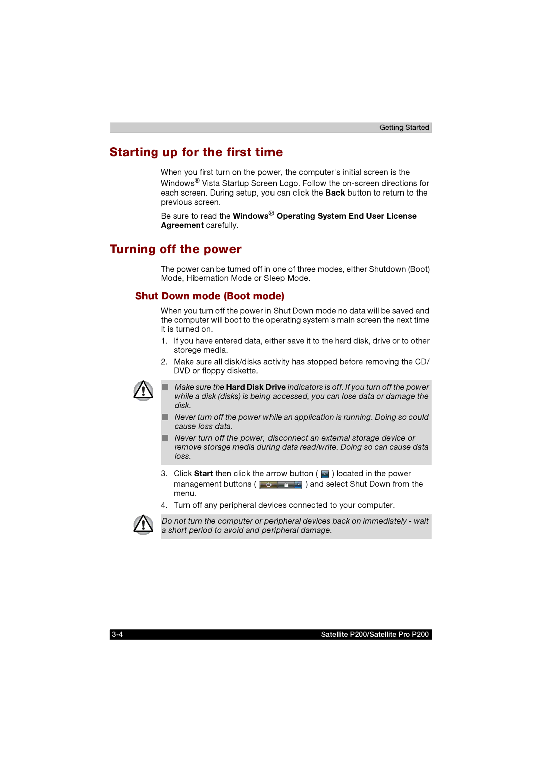 Toshiba P200 manual Starting up for the first time, Turning off the power, Shut Down mode Boot mode 