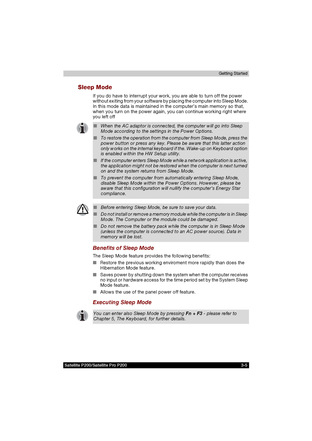 Toshiba P200 manual Benefits of Sleep Mode, Executing Sleep Mode 