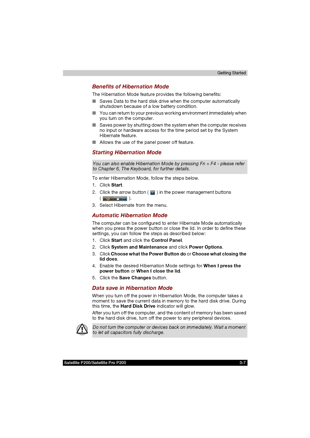 Toshiba P200 manual Benefits of Hibernation Mode, Starting Hibernation Mode, Automatic Hibernation Mode 