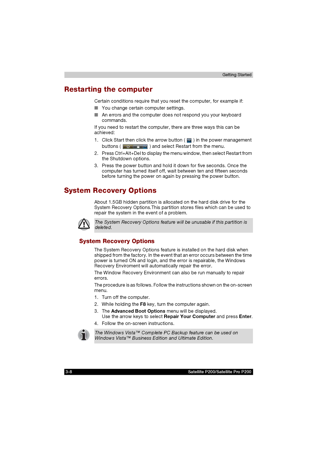 Toshiba P200 manual Restarting the computer, System Recovery Options 