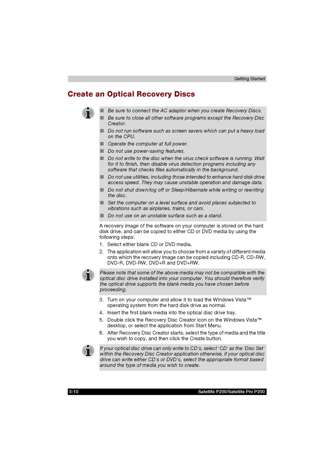 Toshiba P200 manual Create an Optical Recovery Discs 