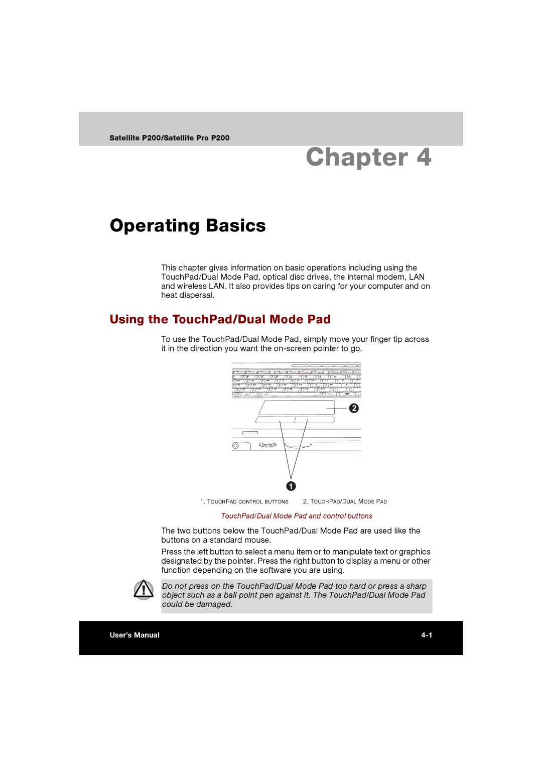 Toshiba P200 manual Operating Basics, Using the TouchPad/Dual Mode Pad 
