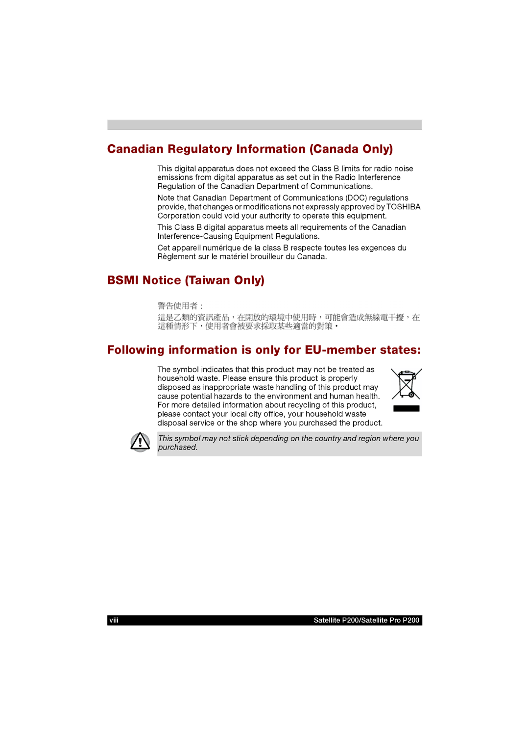 Toshiba P200 manual Canadian Regulatory Information Canada Only 