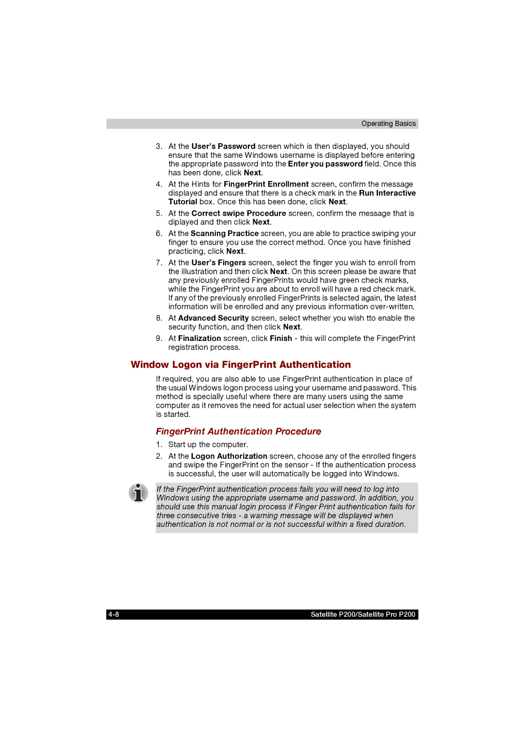 Toshiba P200 Window Logon via FingerPrint Authentication, FingerPrint Authentication Procedure, Start up the computer 