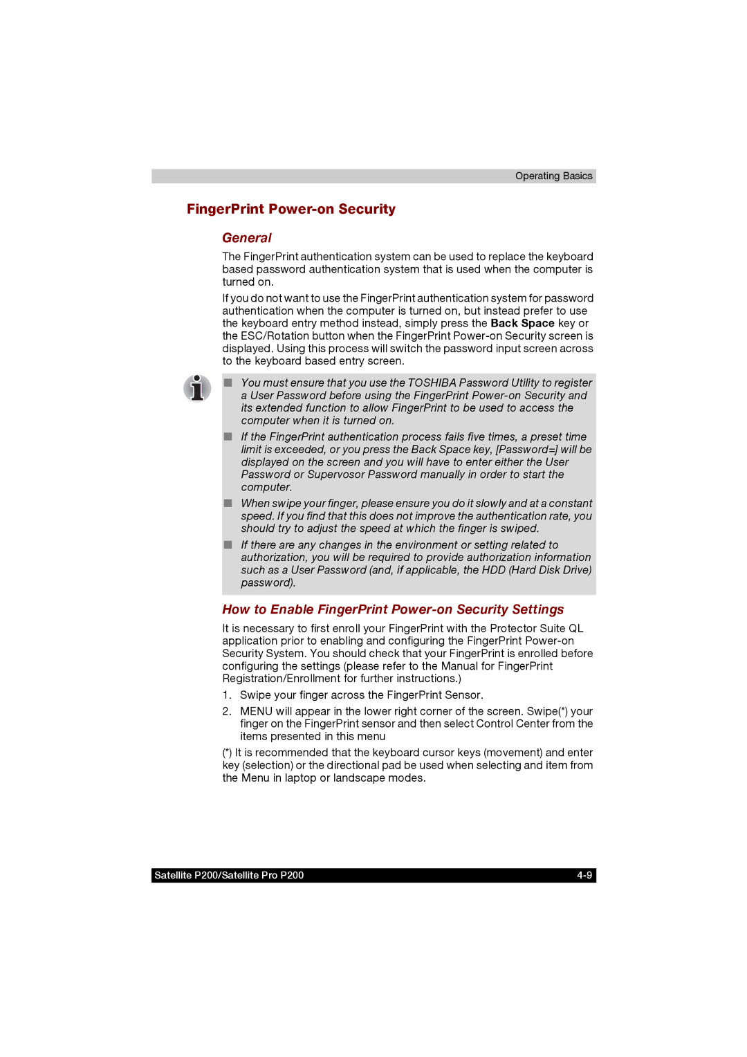 Toshiba P200 manual General, How to Enable FingerPrint Power-on Security Settings 